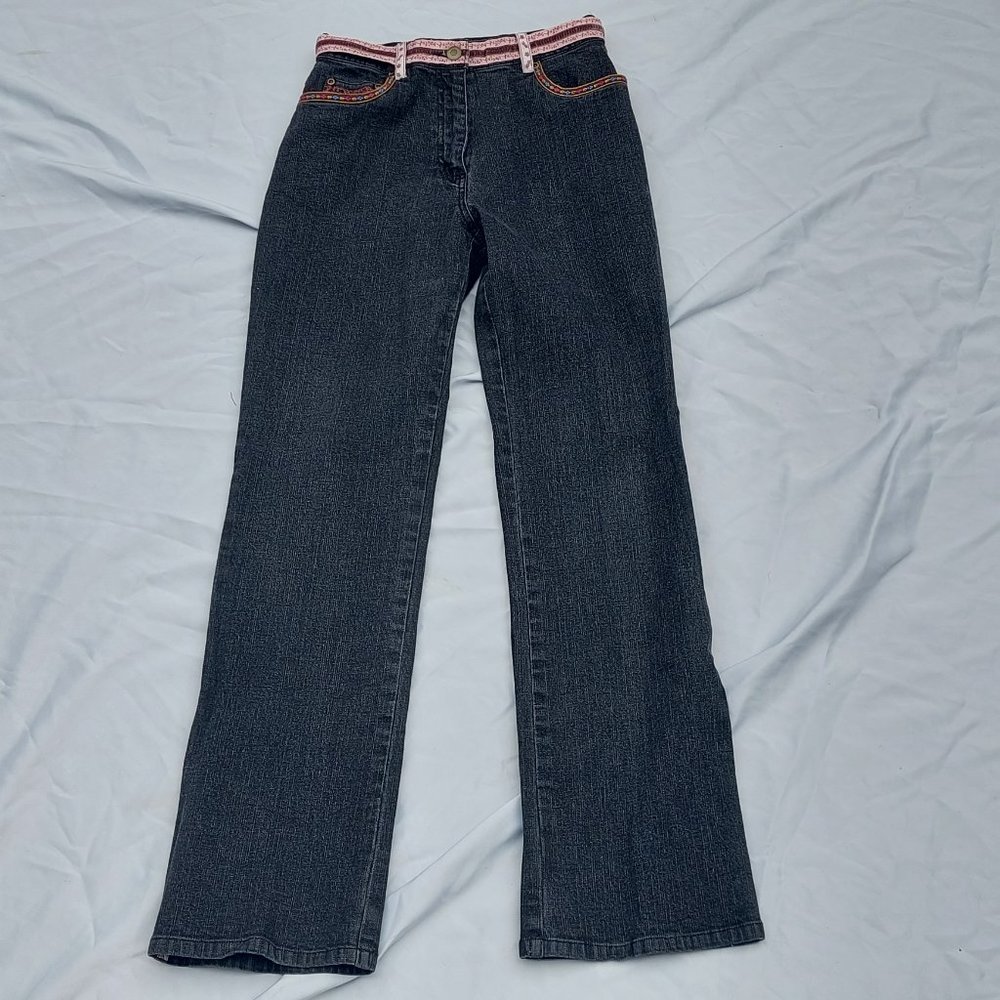 Denim & Co Black Ribbon Trim Wide Leg Jeans Sz 4 Women's